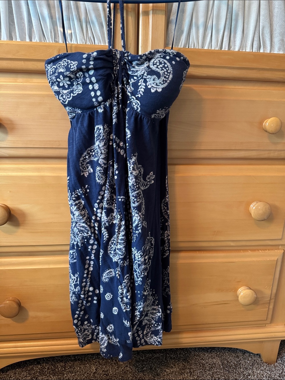 American Eagle Outfitters Navy Strapless Paisley Summer Dress